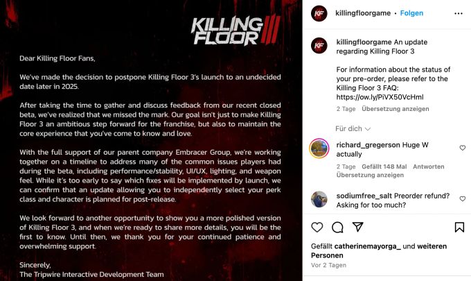Das Entwicklerstudio hat sich geäussert. Killing Floor Game 3
