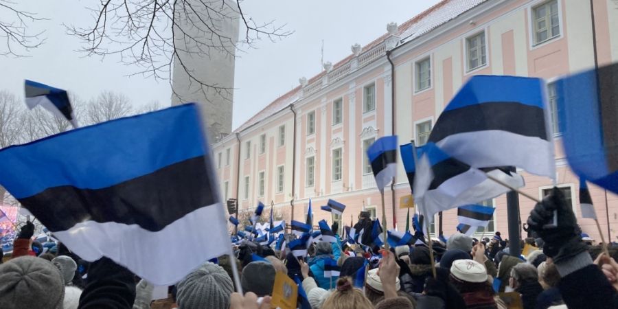 ARCHIV - Menschen versammeln sich bei Feierlichkeiten zum 105-jährigen Bestehen der Republik Estland vor dem «Langen Hermann», an dem die Blau-schwarz-weiße Nationalflagge gehisst w...