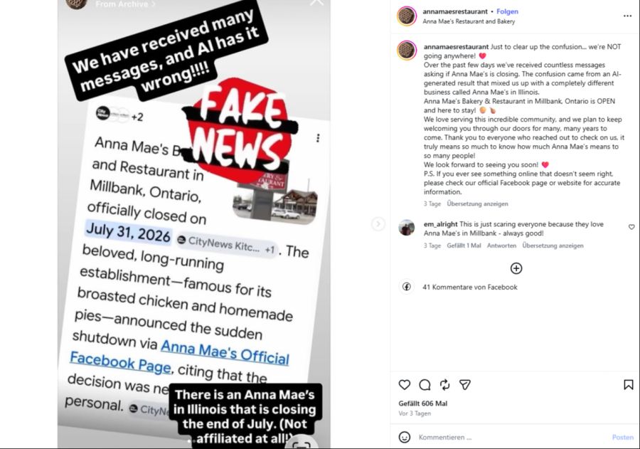 Auf Instagram stellt die Inhaberin klar: «Die KI hat sich geirrt!»
