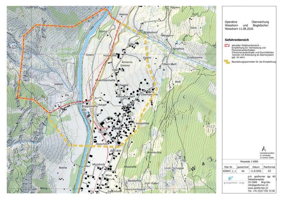 Im Walliser Dorf Randa VS drohen Gletscherbrüche – die Gefahrenstufe 3 wurde ausgerufen.