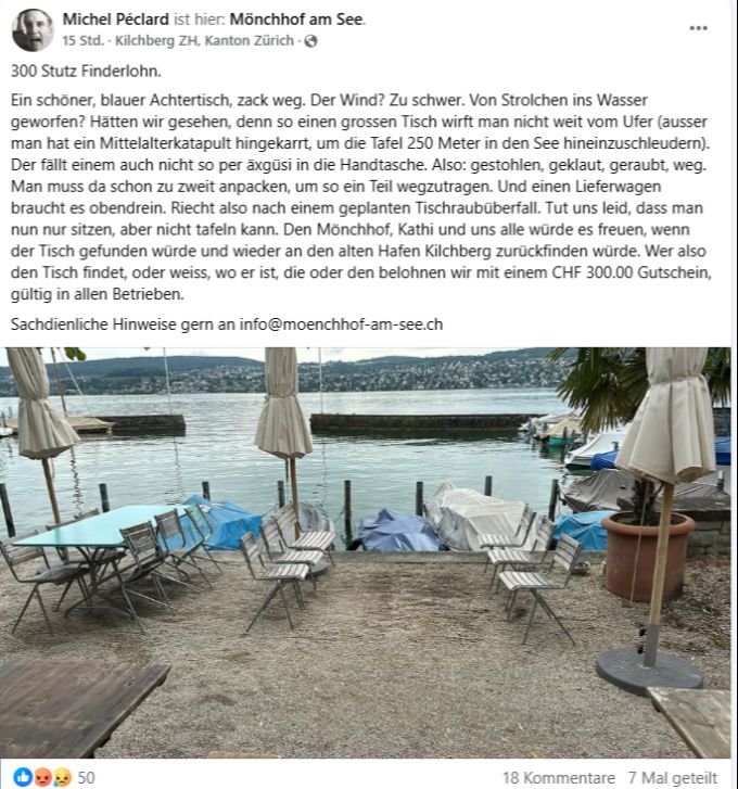 Michel Péclard berichtet in einem Post über den plötzlich verschwundenen Tisch. Gastronomie