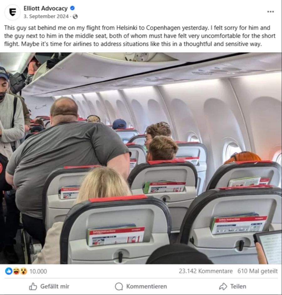 Das Foto eines übergewichtigen Passagiers in einem Flugzeug geht viral.