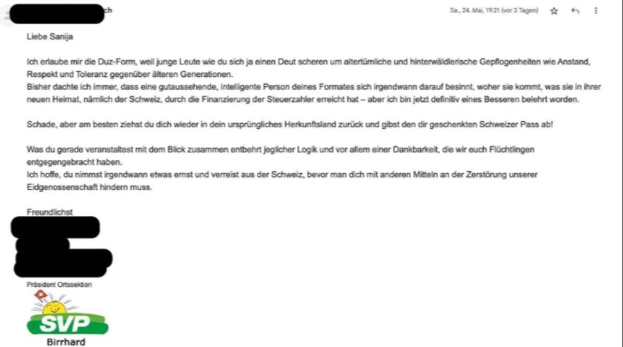 Und: «Schade, aber am besten ziehst du dich wieder in dein ursprüngliches Herkunftsland zurück und gibst den dir geschenkten Schweizer Pass ab!»