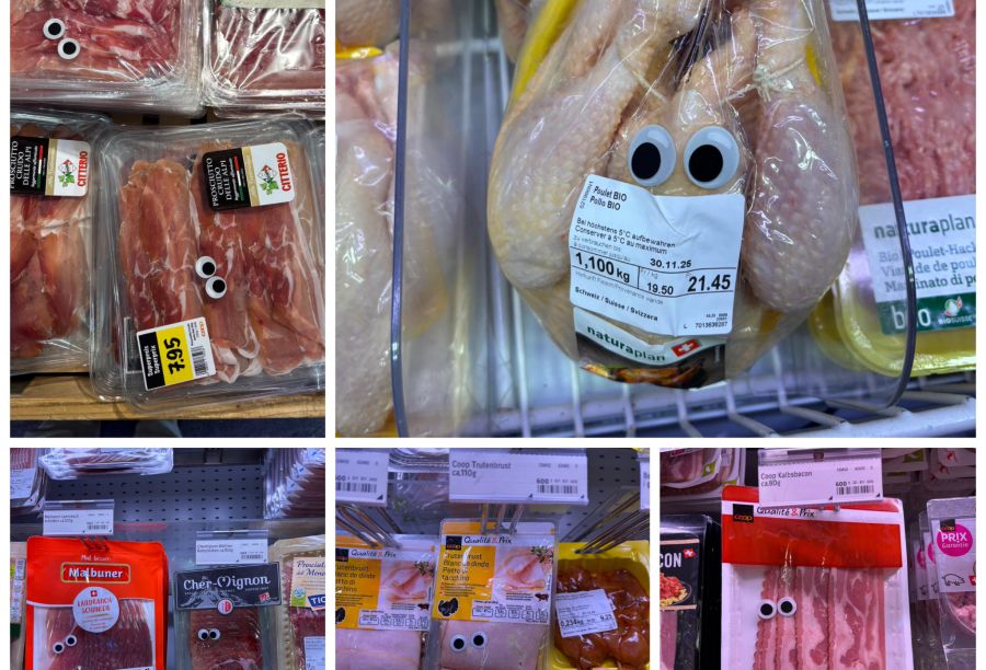 Unbekannte haben in einer Coop-Filiale in Biel Wackelaugen auf Fleischwaren geklebt.