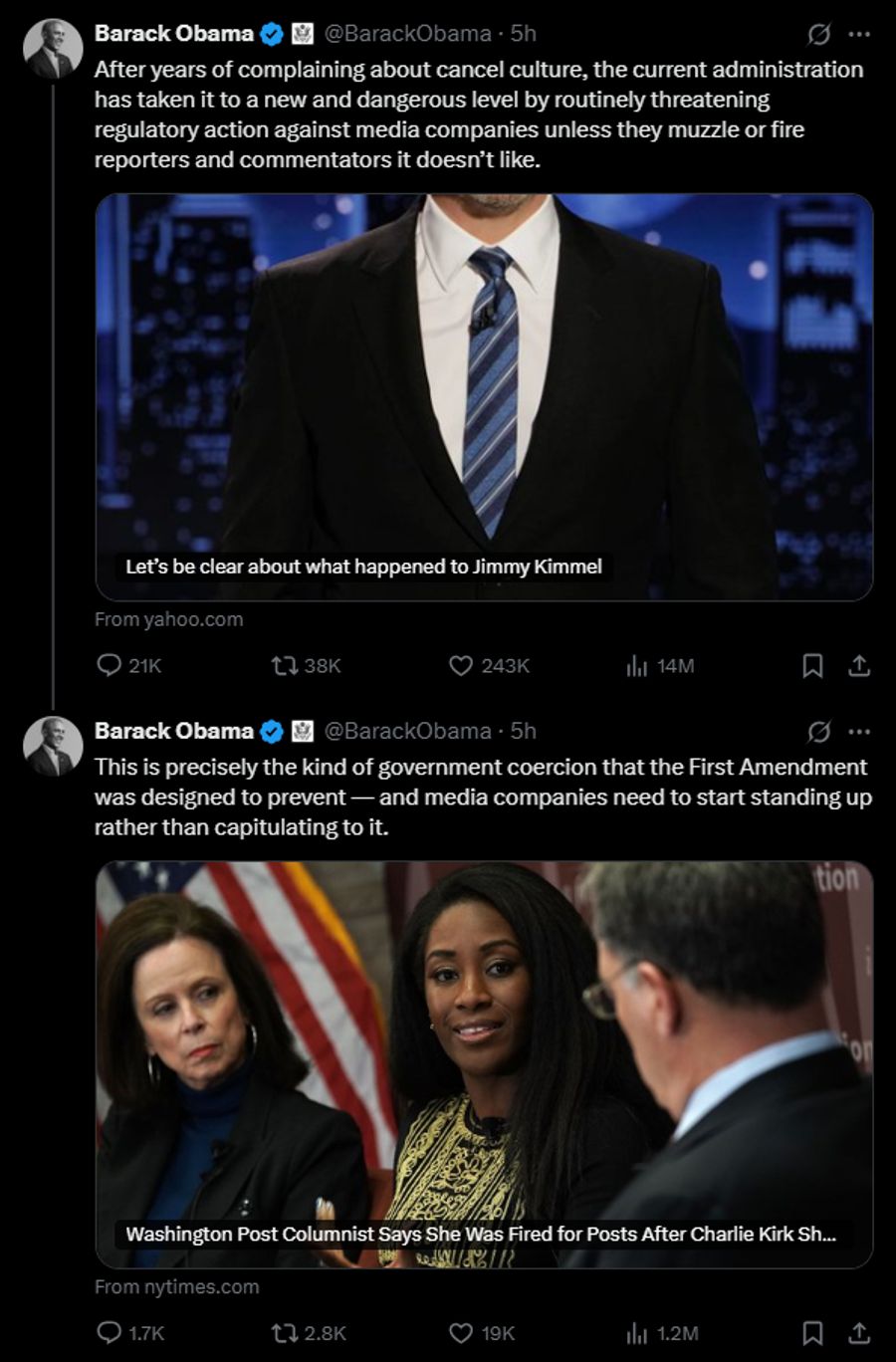 Barack Obama wirft der Trump-Regierung vor, die «Cancel Culture» auf eine neue und gefährliche Ebene zu heben.