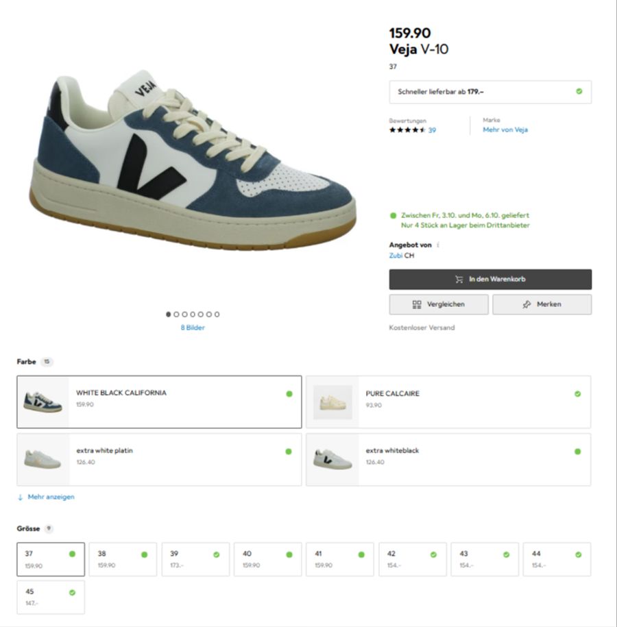 Der Turnschuh Veja V-10 White Black California von Galaxus ist in der meistverkauften Frauengrösse 39 am teuersten: 173 Franken.