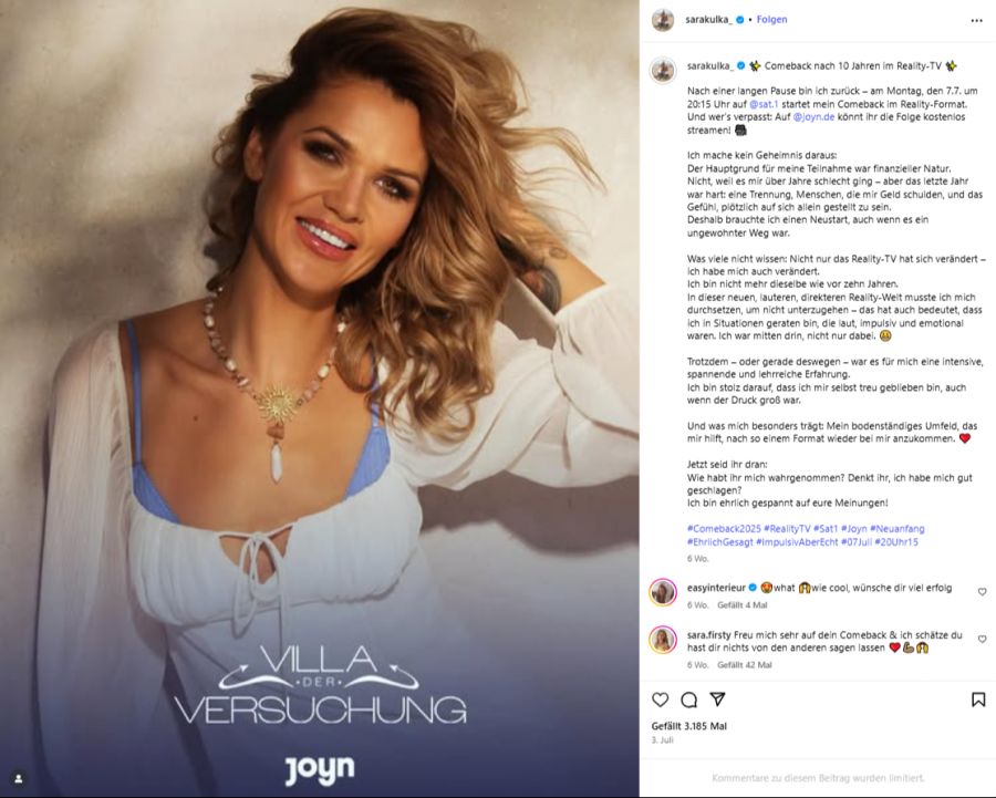 Sara Kulka (35) ist Teilnehmerin der Sat.1-Realityshow «Villa der Versuchung».