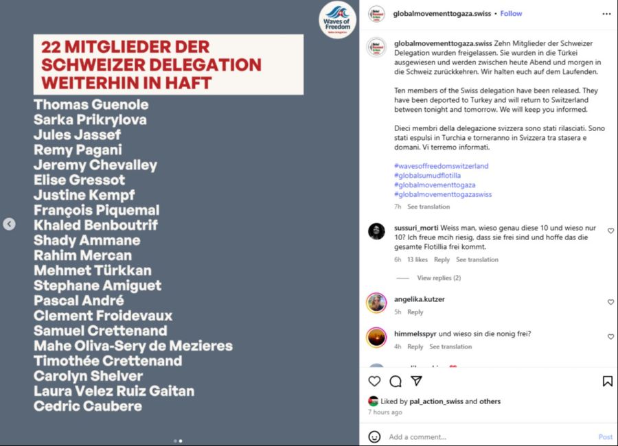 Laut einem Instagram-Post der Schweizer Delegation befinden sich noch 22 ihrer Mitglieder in israelischer Haft.