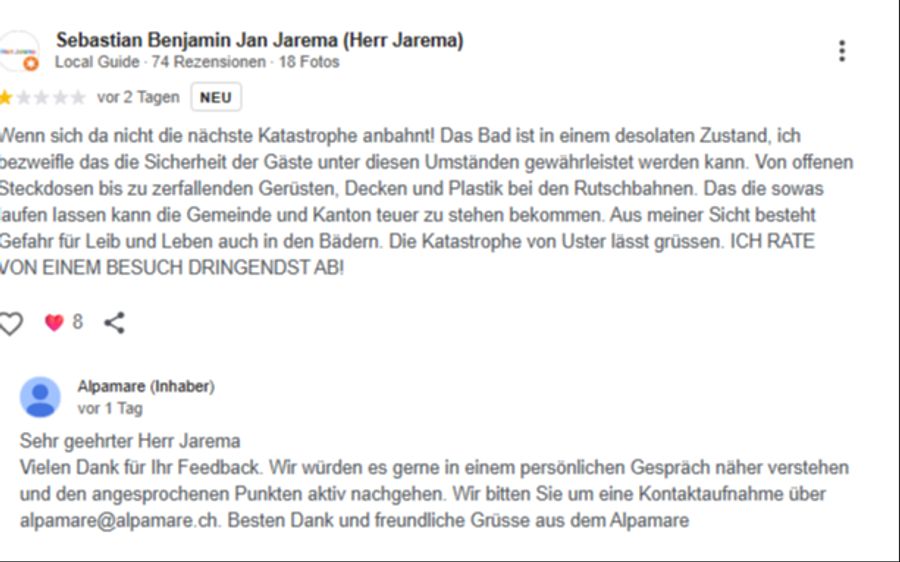 Ein Rezensions-Schreiber kritisiert auf Google die Hygiene und die Sicherheit im Alpamare.
