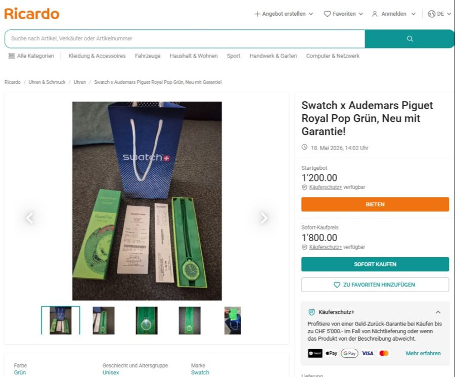 Inklusive Originalquittung: Für die grüne Royal Pop verlangt ein Ricardo-Verkäufer 1800 Franken im Sofortkauf.