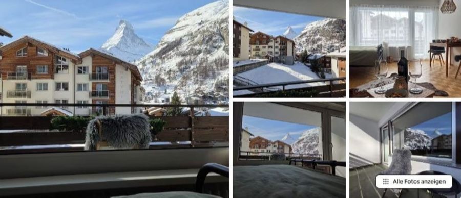 Mit diesen Fotos mit Sicht aufs Matterhorn wirbt Airbnb für die Wohnung in Zermatt.
