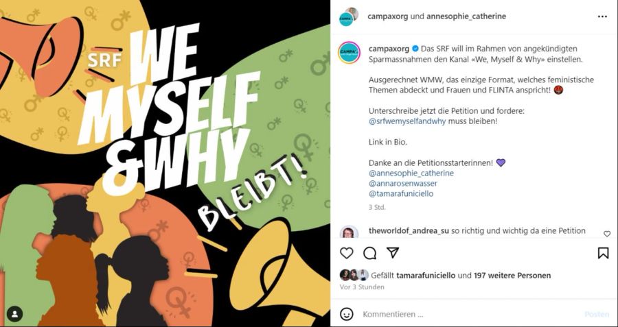 Campax hat eine Petition zur Rettung von «We, Myself and Why» gestartet.