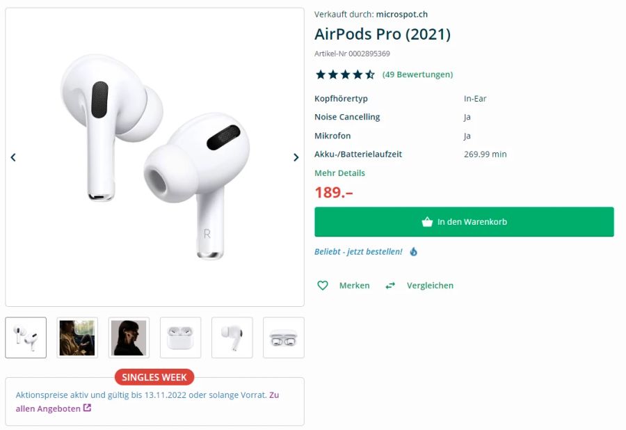 Microspot bietet während der Singles Week die AirPods für 189 Franken an.