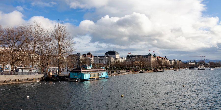 Das rechte Seeufer des Zürichsees von der Quaibrücke aus gesehen.