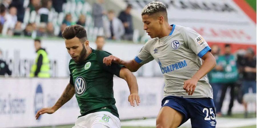 Wolfsburgs Renato Steffen im Zweikampf mit Schalkes Amine Harit.