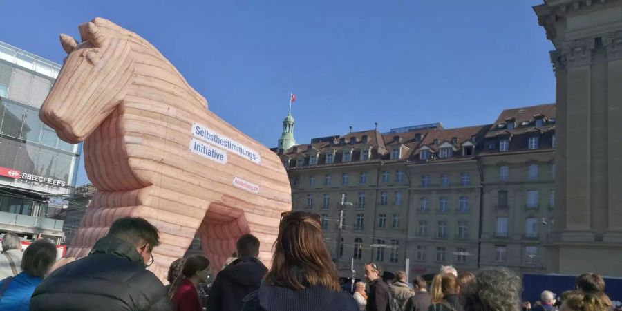 SBI-Gegner demonstrieren mit einem trojanischen Pferd auf dem Bahnhofsplatz in Bern.