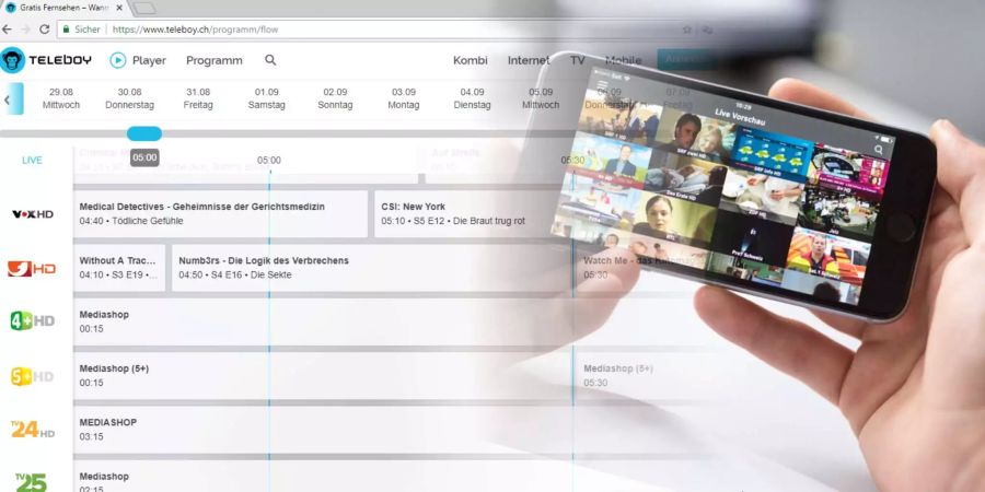 Zeitversetztes Fernsehen mit den Anbietern Teleboy oder Zattoo.