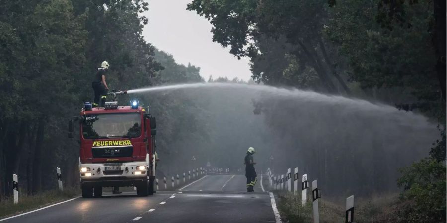 Feuerwehrleute löschen bei Treuenbrietzen (D) einen Waldbrand.