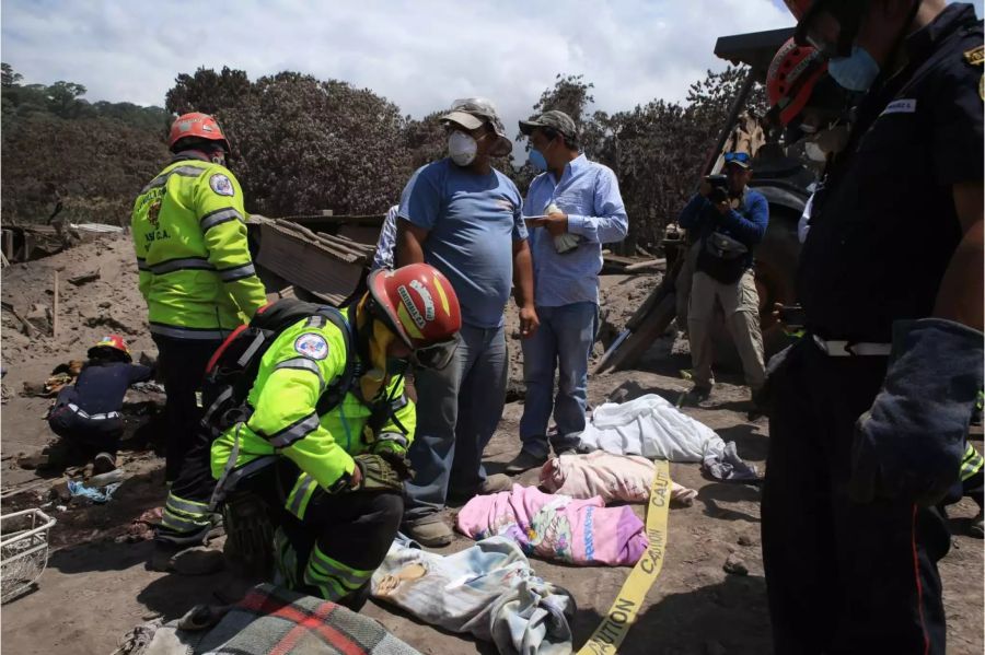 Mehrere Leichen mit Namensschildern zur Identifizierung liegen in Decken gehüllt während der Rettungs- und Aufräumarbeiten nach dem Vulkanausbruch in Guatemala.