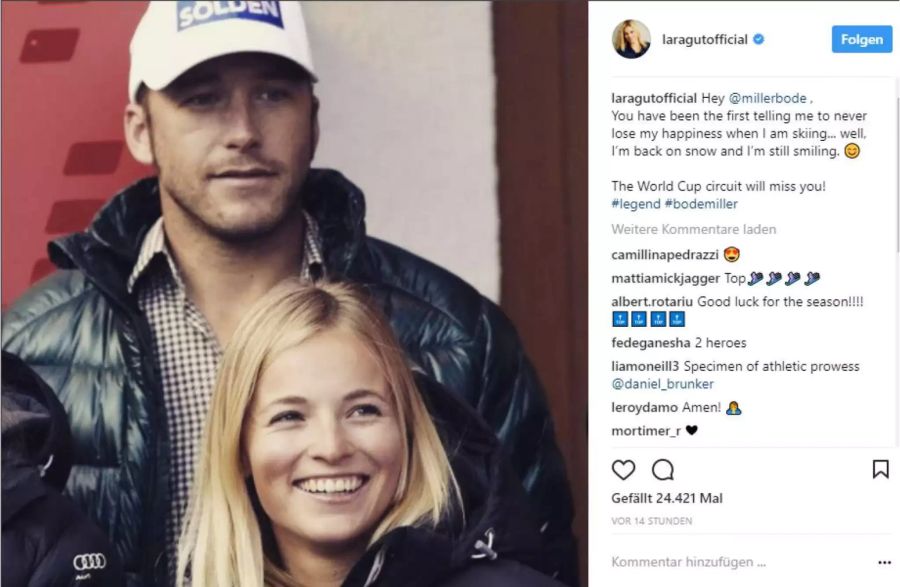 Lara Gut postet ein Foto von sich und Bode Miller auf Social Media.