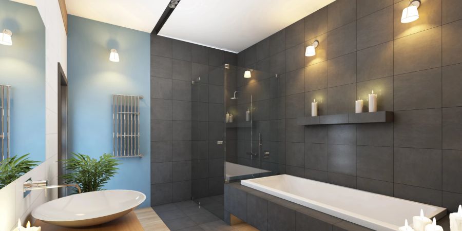 Die Kombination aus Grau und Blau im Bad wirkt besonders harmonisch.