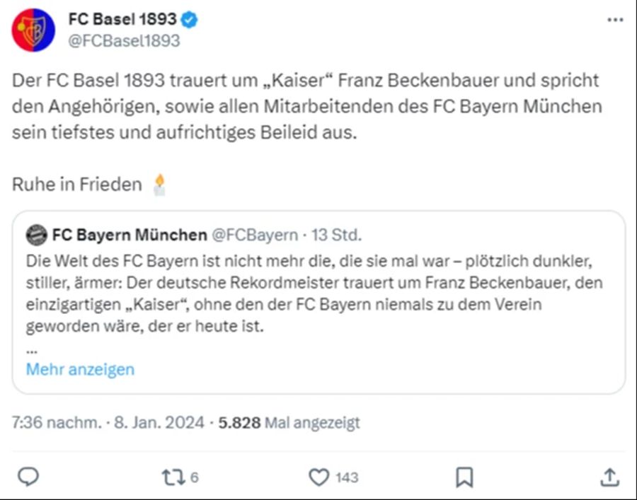 Auch der FC Basel spricht den Angehörigen von Beckenbauer sein Beileid aus.