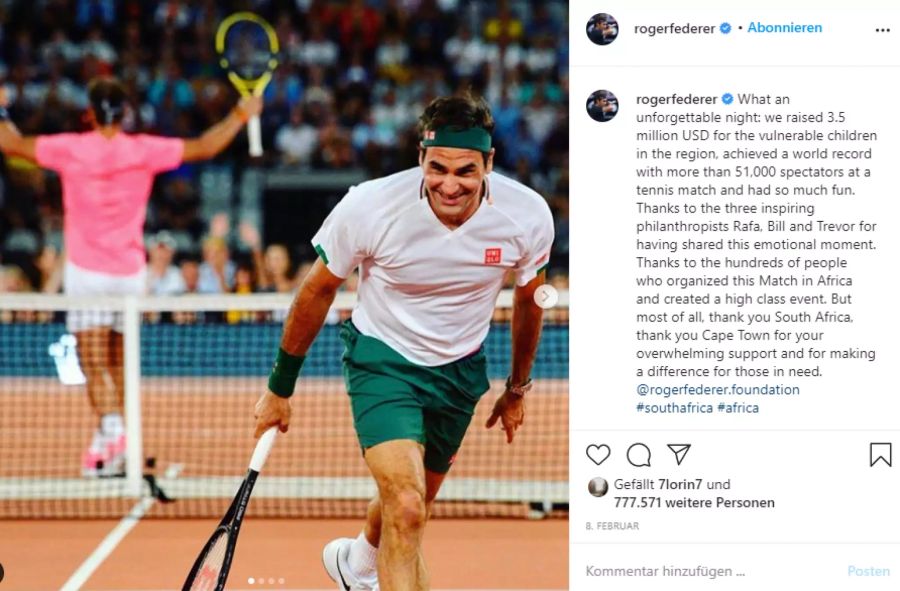 Letztmals stand Roger Federer beim «Match for Africa» im Februar auf dem Platz.