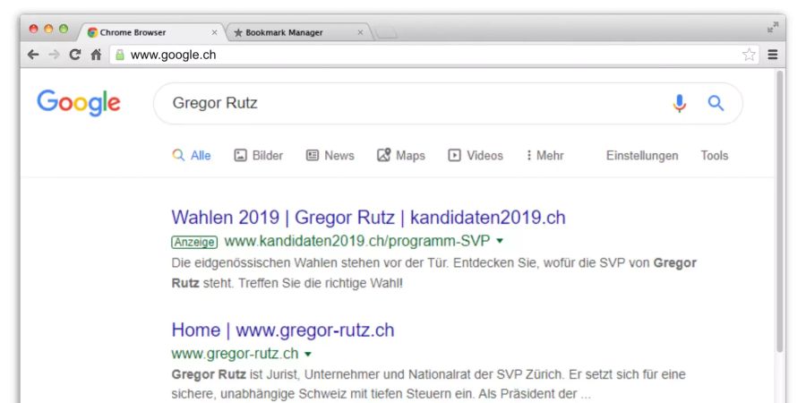 Erster Treffer bei Google nach dem Namen Gregor Rutz, Nationalrat SVP, ist kanidaten2019.ch.