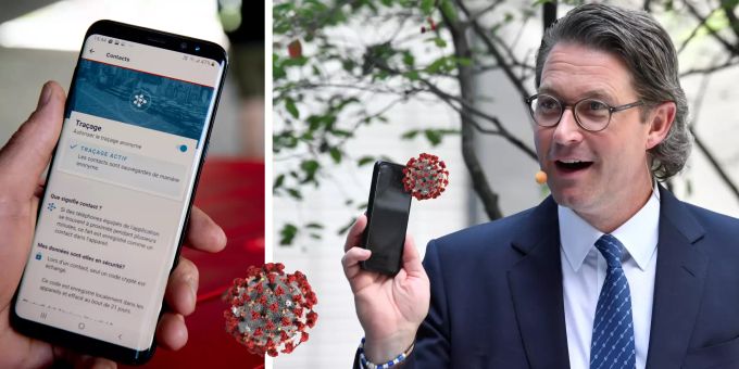 Links die SwissCovid App, rechts Andreas Scheuer (CSU) mit der deutschen Corona-Warn-App. SwissCovid Corona-Warn-System