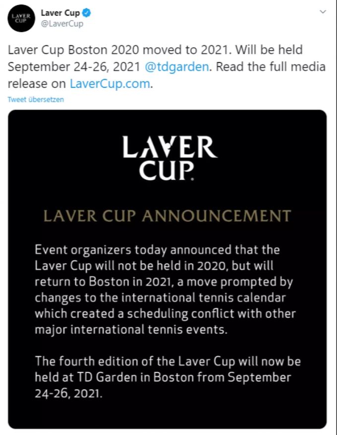 Der Laver Cup wird ins Jahr 2021 verschoben. Laver Cup