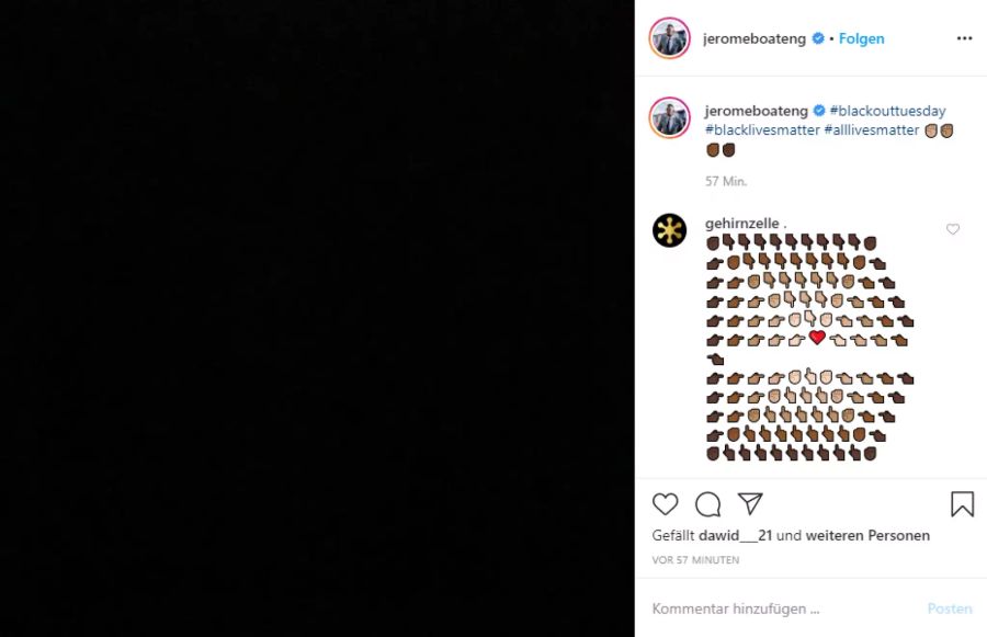 Jérôme Boateng (Bayern München) postet ein schwarzes Bild zum Hashtag #blackouttuesday.