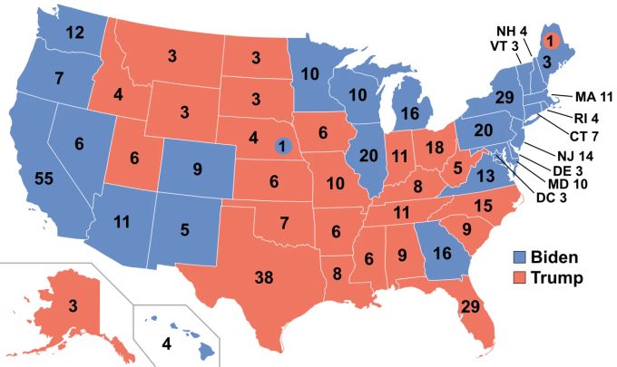 So verteilten sich bei den Wahlen 2020 die totel 538 Stimmen der Wahlleute: 306 für Joe Biden und 232 für Donald Trump. Electoral College Wahlmännerstimmen US-Wahlen