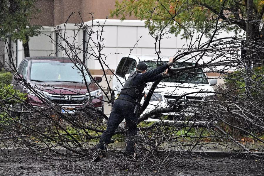 Wetter: Ein Polizist versucht, einen Baum aus dem Weg zu räumen.