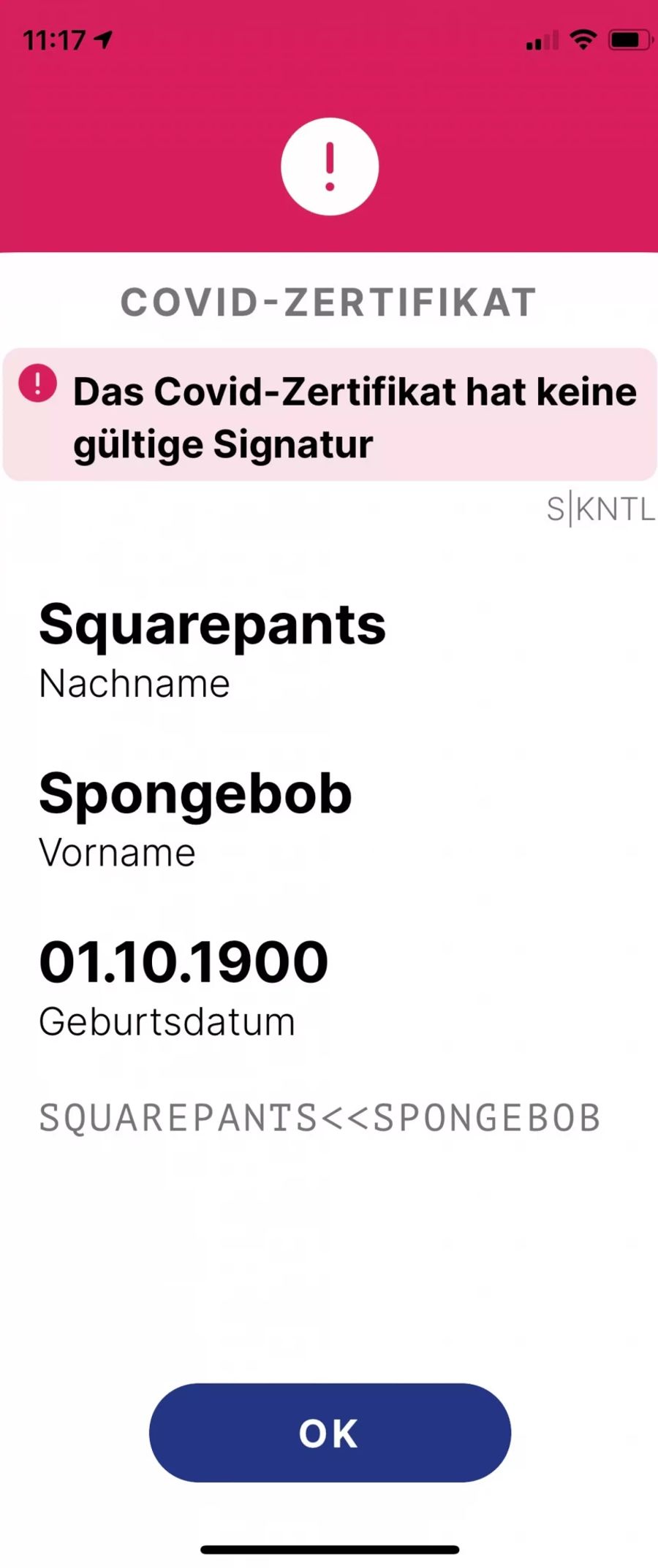 Das Zertifikat von Spongebob besteht die Prüfung der Covid-Certificate-App am Donnerstag gegen Mittag nicht mehr.