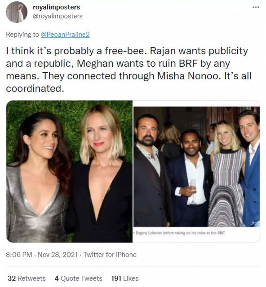 Meghan Markle und Misha Nonoo (links). Rechts sind Misha und der BBC-Journalist auf einer Party.