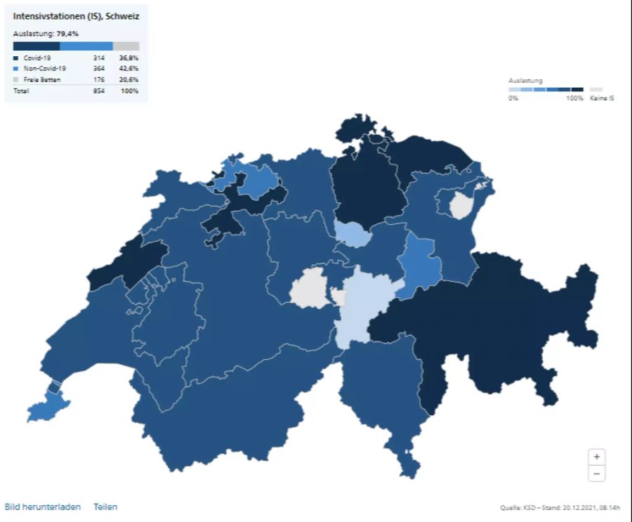 Die Schweizer Intensivstationen sind derzeit zu rund 79 Prozent ausgelastet. Rund 37 Prozent der IPS-Patienten haben das Coronavirus.