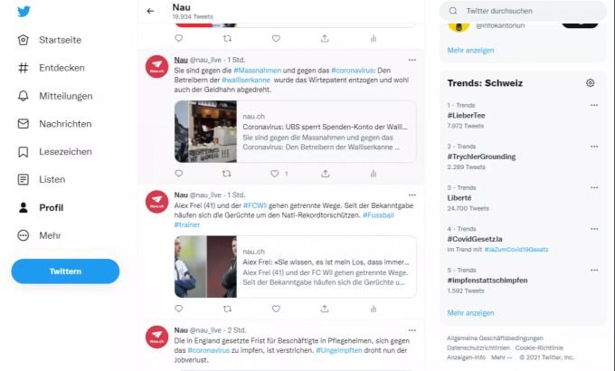 Die Twitter-Trends befinden sich auf der rechten Seite. #LieberTee coronavirus