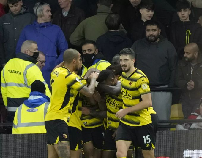 Der FC Watford feiert den Sieg gegen Manchester United. Britain Soccer Premier League