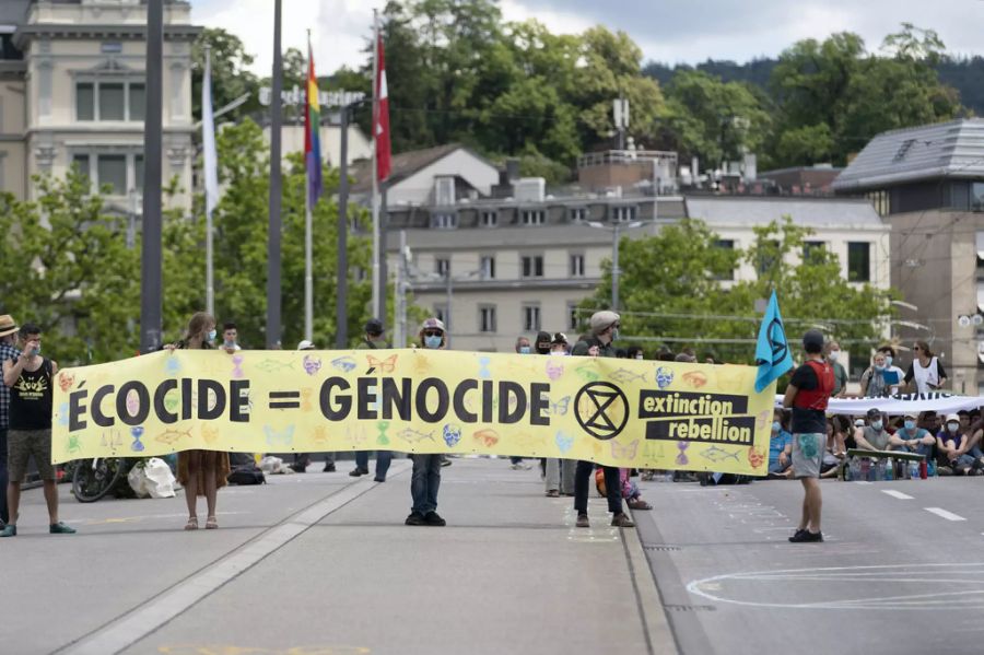 «Écocide = Génocide» steht auf einem Plakat von Extinction-Rebellion-Aktivisten geschrieben.