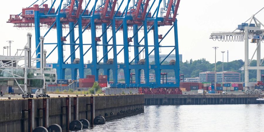 Vier Containerbrücken stehen hochgeklappt an einem leeren Kai des Containerterminal Tollerort in Steinwerder.