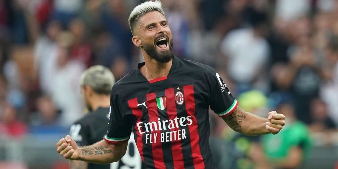 Olivier Giroud vom AC Mailand jubelt nach seinem Treffer. Olivier Giroud vom AC Mailand jubelt nach seinem Treffer.