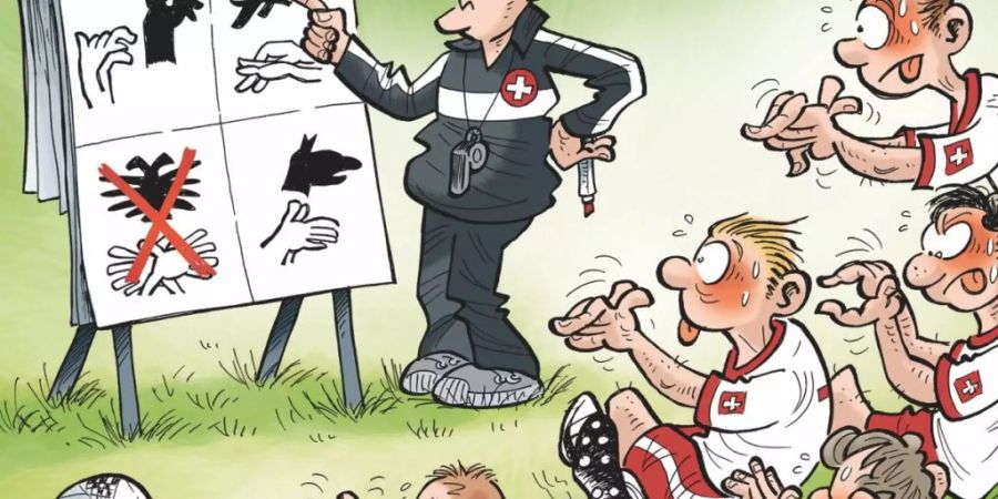 Die Zeichnung «L'affaire du mime de l'aigle bicéphale au Mondial» von Alex (Alex Ballaman) hat den «Nebelspalter»-Publiumspreis für die Karikatur des Jahres 2018 gewonnen.