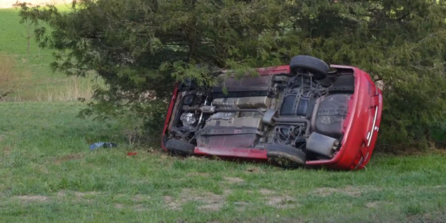 Das Auto kam von der Strasse ab und landete auf der rechten Seite in der Wiese.