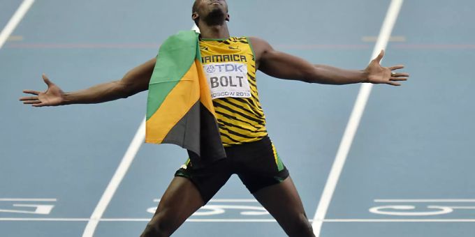 Usain Bolt wirft sich in Pose, hier nach seinem 200-m-Gold 2013 in Moskau. Usain Bolt wirft sich in Pose, hier nach seinem 200-m-Gold 2013 in Moskau.