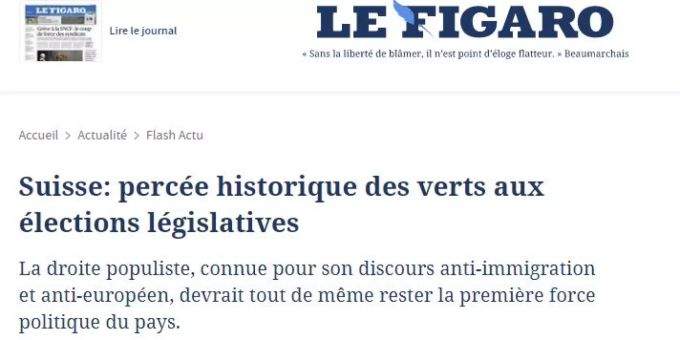Le Figaro titelt: «Schweiz: historischer Durchbruch der Grünen bei den Parlamentswahlen» Le Figaro Wahlen SChweiz