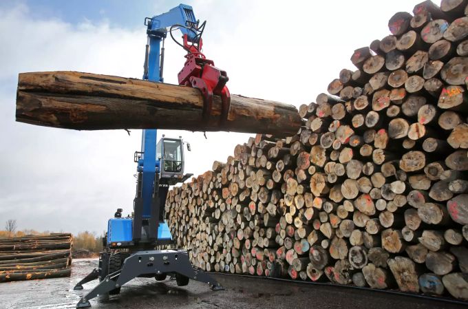 Ein Kran arbeitet im Nasslager eines Sägewerks, wo die lagernden Buchen-Stämme für die längere Haltbarkeit mit Wasser besprüht werden. Umsätze in Holzindustrie im ersten Halbjahr gesunken