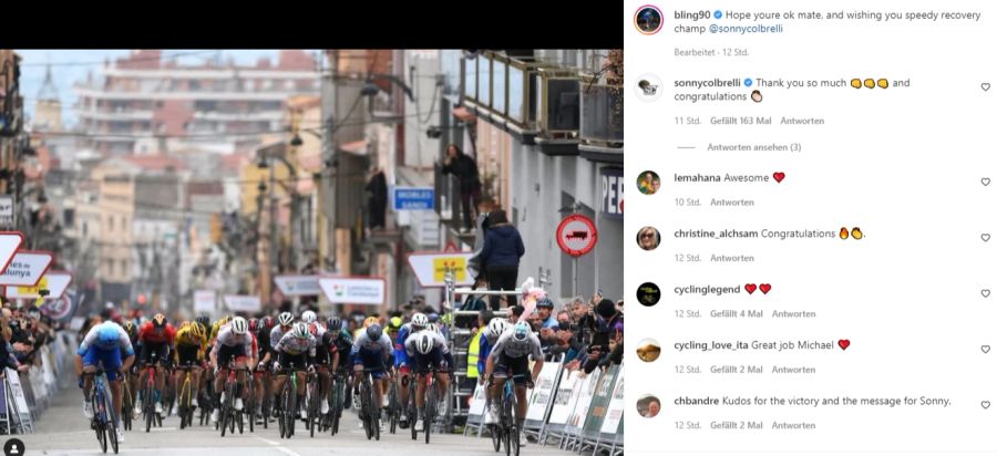 Etappensieger Michael Matthews erkundigt sich nach dem Rennen via Instagram bei Sonny Colbrelli.