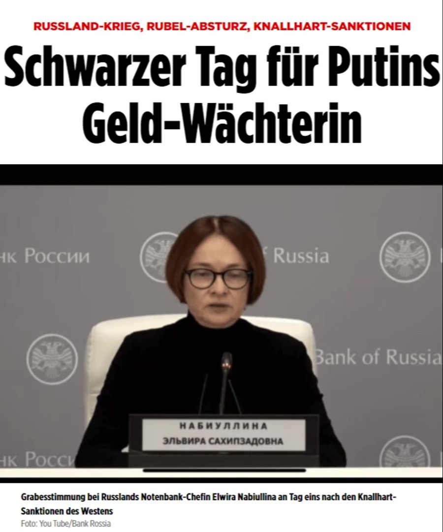 Die «Bild»-Zeitung schreibt von einem «schwarzen Tag für Putins Geld-Wächterin».