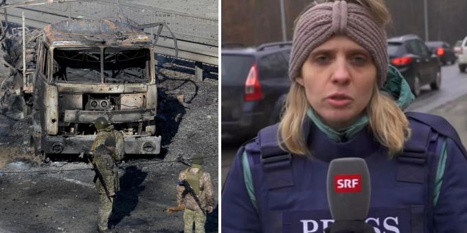 Luzia Tschirky berichtete mit Schutzweste aus der Ukraine, inzwischen ist sie aus dem Land geflüchtet und befindet sich in der Schweiz. Ukraine Konflikt Luzia Tschirky