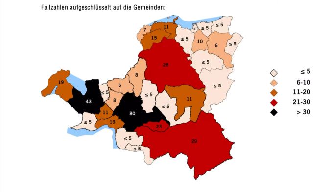 Die Karte zeigt die Fallzahlen des Coronavirus in den Regionen des Kantons. Coronavirus